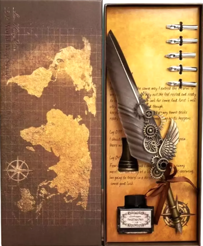 Fountain pen with interchangeable nibs, stand, and wax candle with sealing stamp/mold